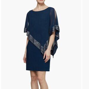 SL Fashions NY Navy Foil Trim Asymmetrical Popover Capelet Sheath Dress